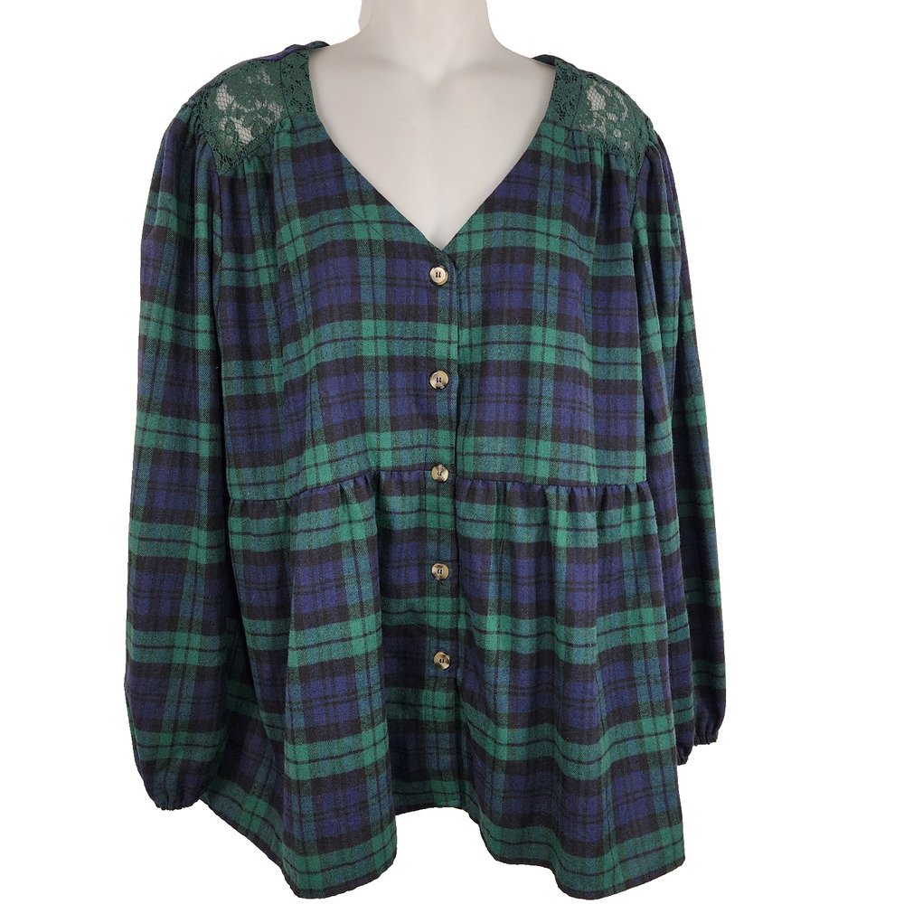 Maurice's Womens Plaid Peplum Top XXL Green Blue Button Babydoll Lace Shoulders